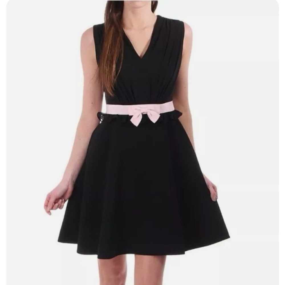 🎀 Ted Baker Fit & Flare Dress Black Blush Ribbon Waist Parisian Chic Size 2